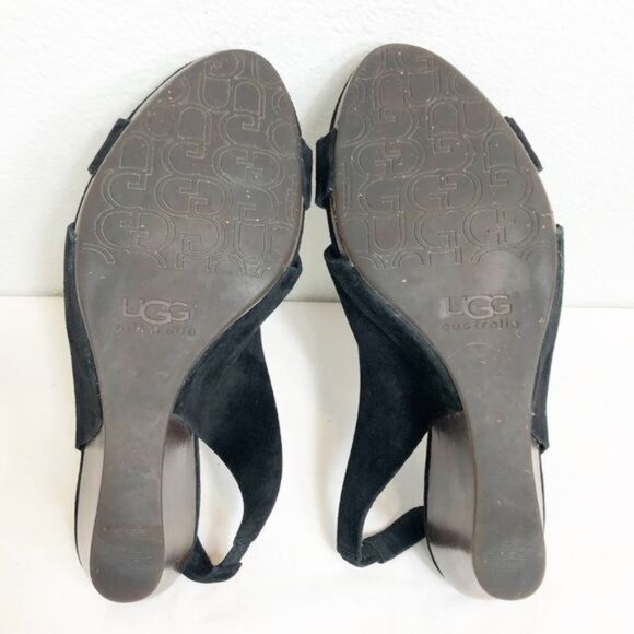 Ugg Hazel Black Suede Platform Wedge Sandals Size 9.5 Wooden Heel Open Toe - Picture 6 of 7